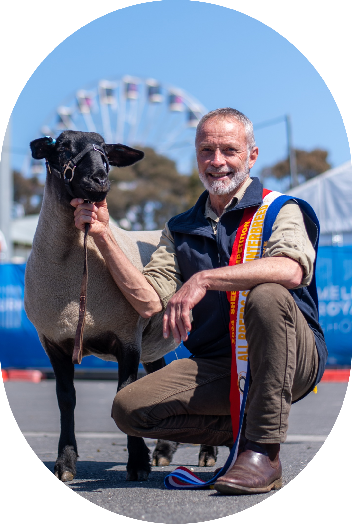 Pictured: Bruce Rolfe from Oberon Stud, with his winning Ewe.